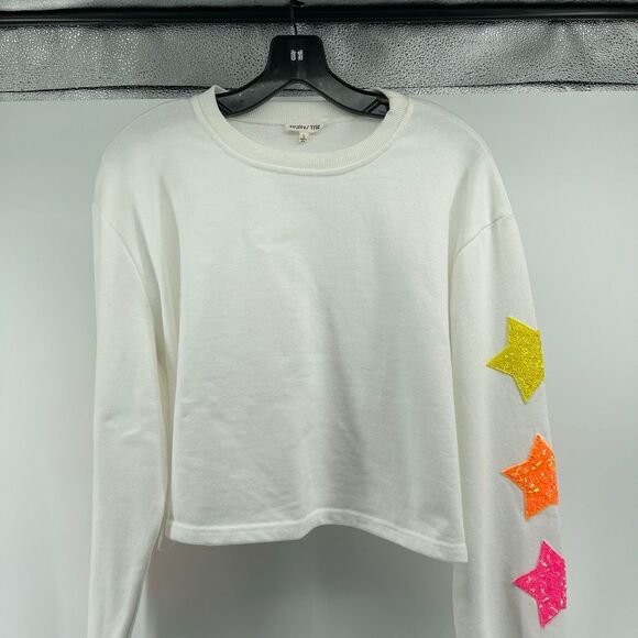 Mainstrip White Cropped Sweatshirt Sequin Star Patches Sleeves Size Large - Picture 3 of 8